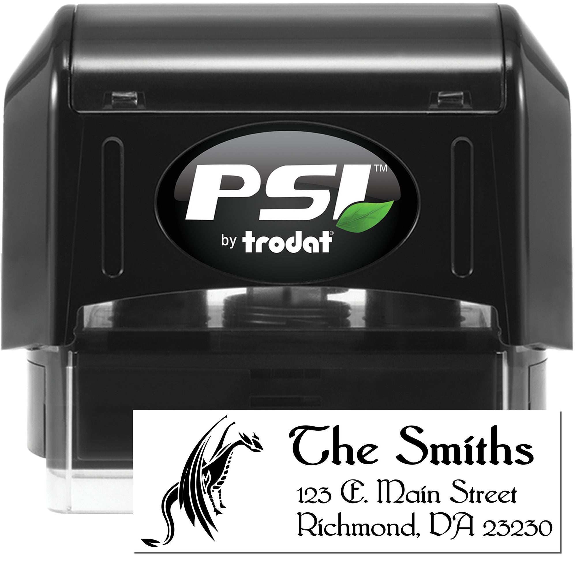 Custom self-inking PSI by Trodat rubber stamp with logo and address imprint for business mailings.