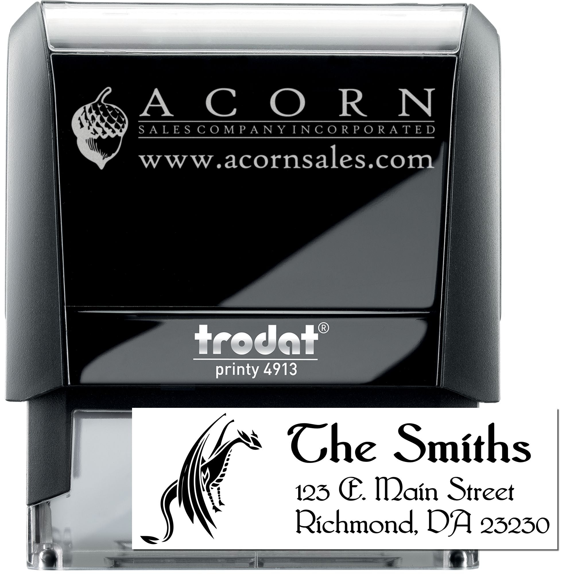 Custom self-inking rubber stamp with company logo and address for business branding and mailing labels.