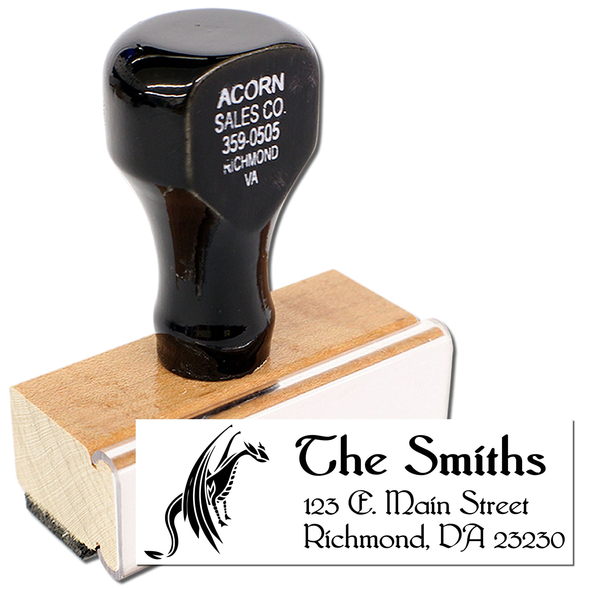 Personalized custom rubber address stamp with dragon logo for business envelopes and branding