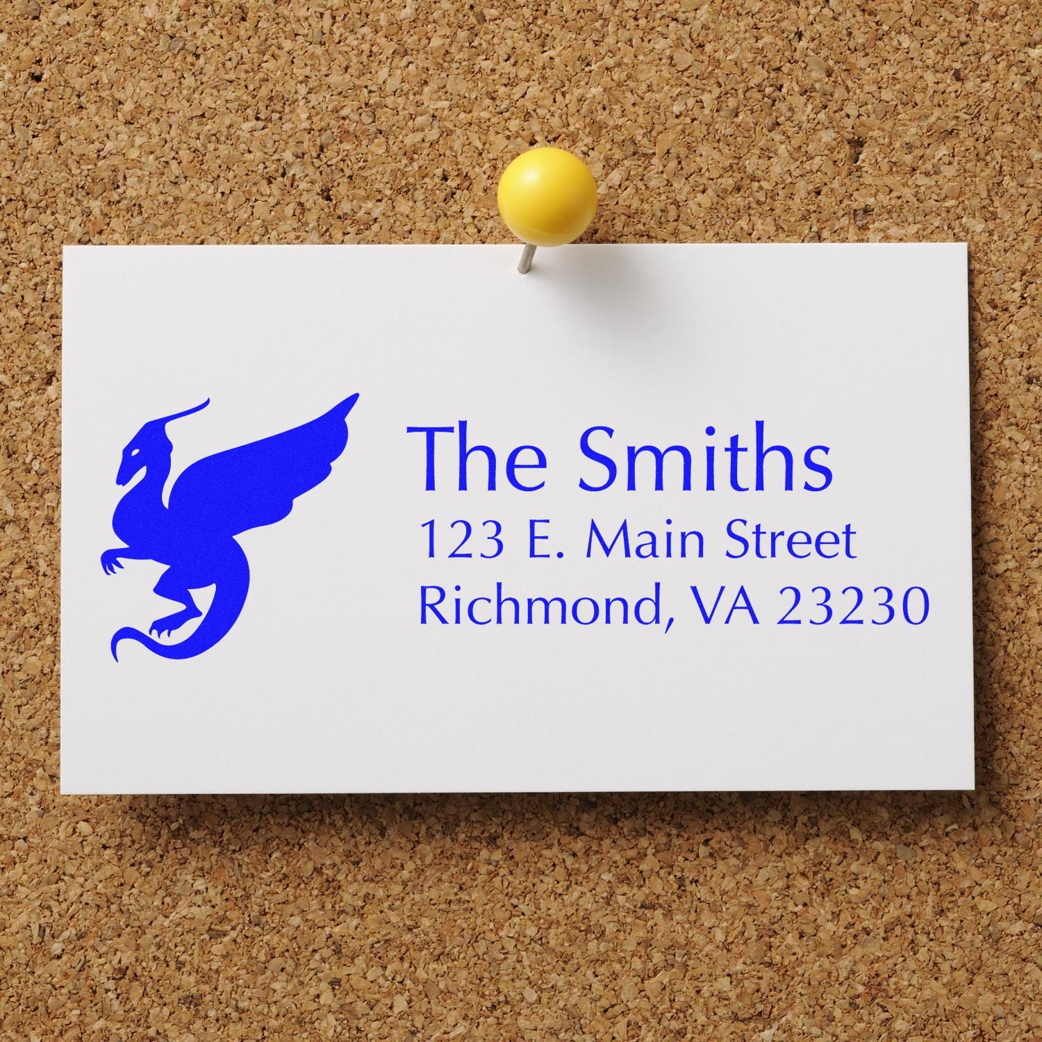 Custom address rubber stamp design for The Smiths, with blue logo and Richmond, VA mailing details.