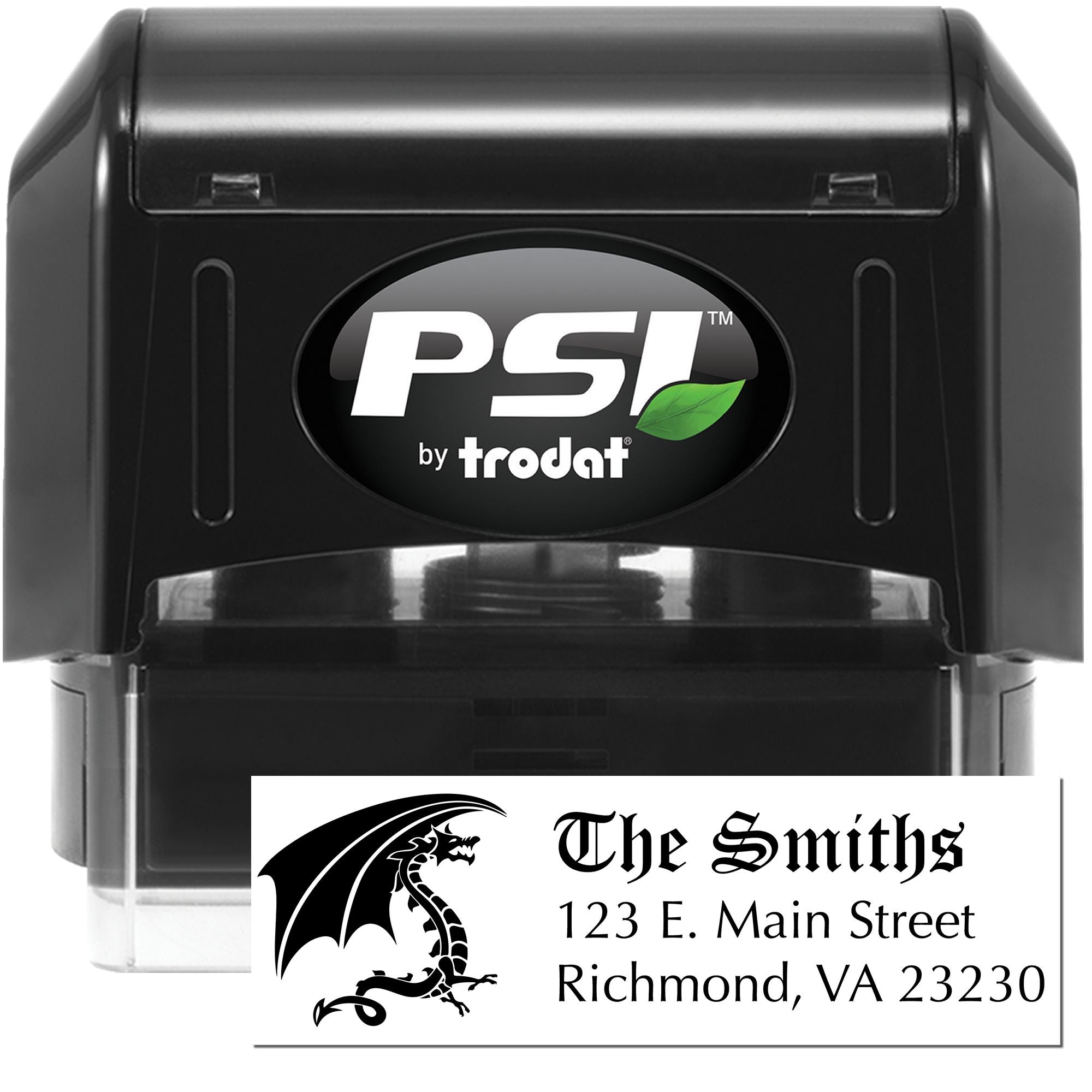 Custom self-inking address rubber stamp by PSI Trodat with dragon logo, The Smiths, Richmond, VA return address.