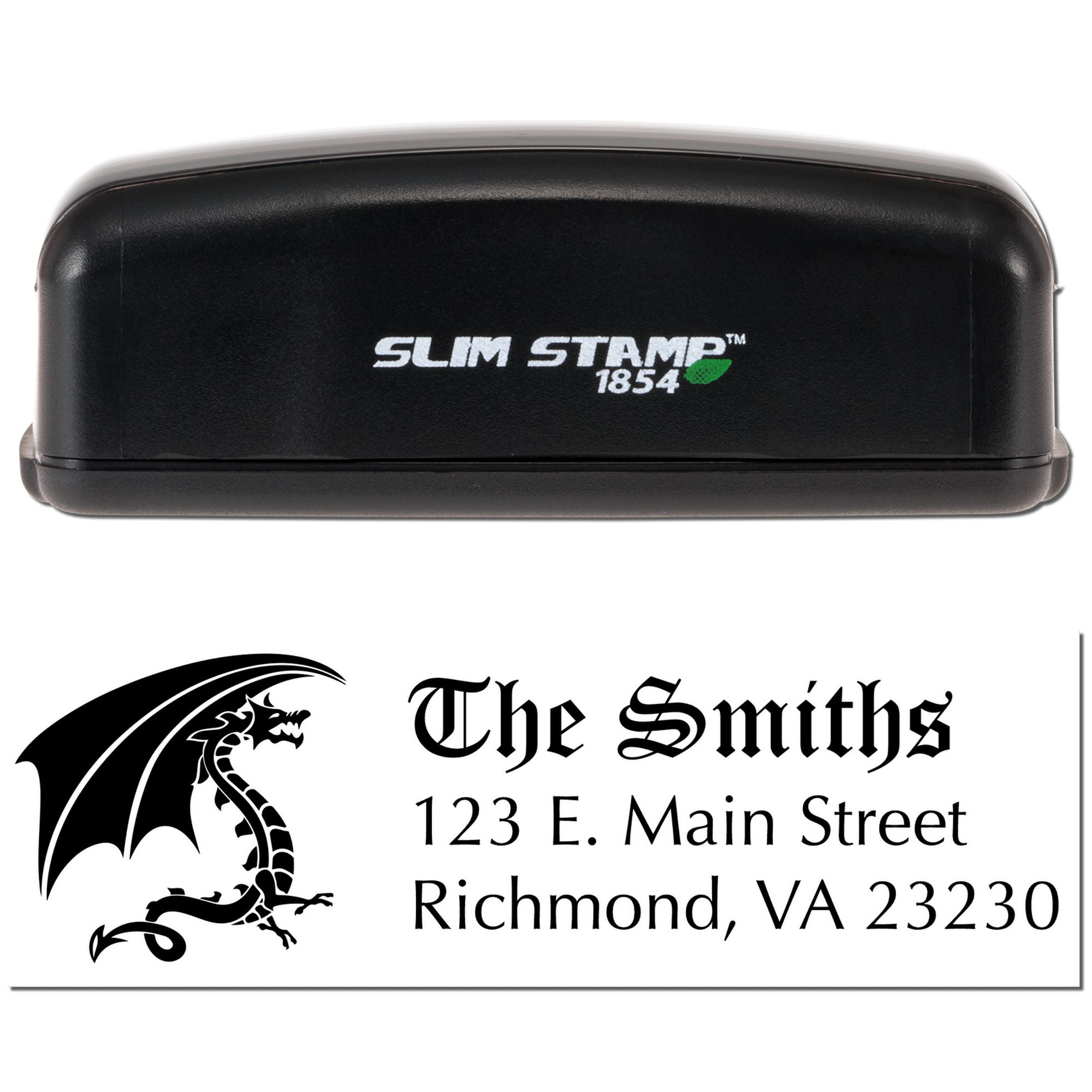 Slim Stamp 1854 custom address rubber stamp with dragon logo for The Smiths, Richmond, VA 23230