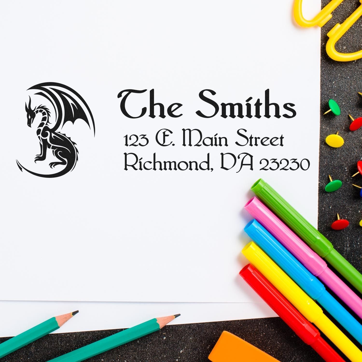 Custom rubber stamp with dragon monogram and The Smiths address for personalized stationery, envelopes, and business mailings.