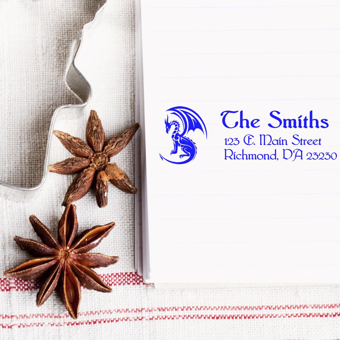 Custom return address rubber stamp with dragon monogram for The Smiths, ideal for personalized stationery and mail.