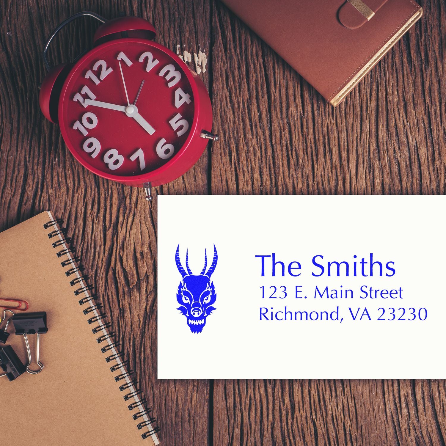 Custom return address rubber stamp for The Smiths, featuring a logo and Richmond, VA 23230 mailing address.
