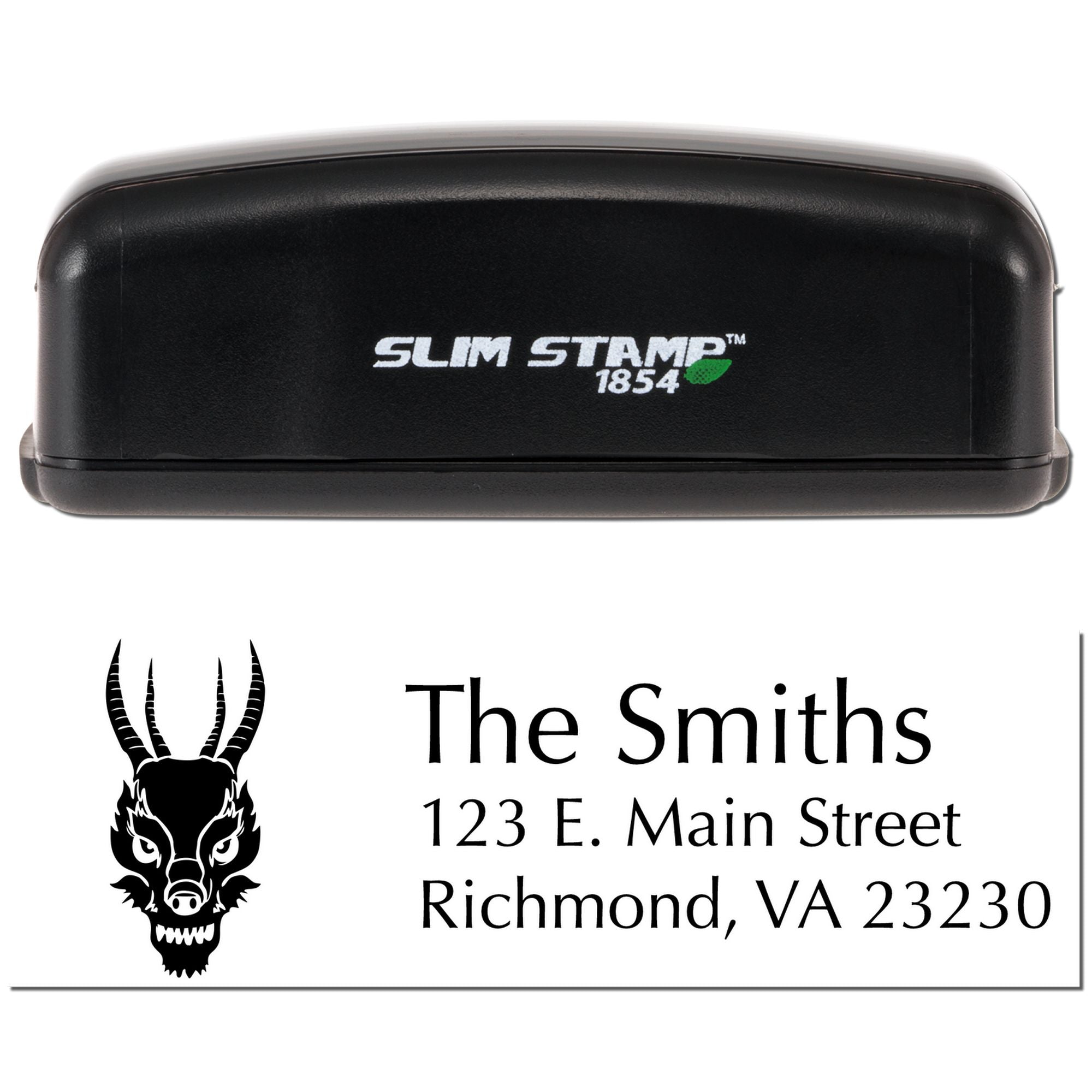 Custom address rubber stamp with dragon logo and The Smiths return address, shown with Slim Stamp 1854 self-inking stamp.