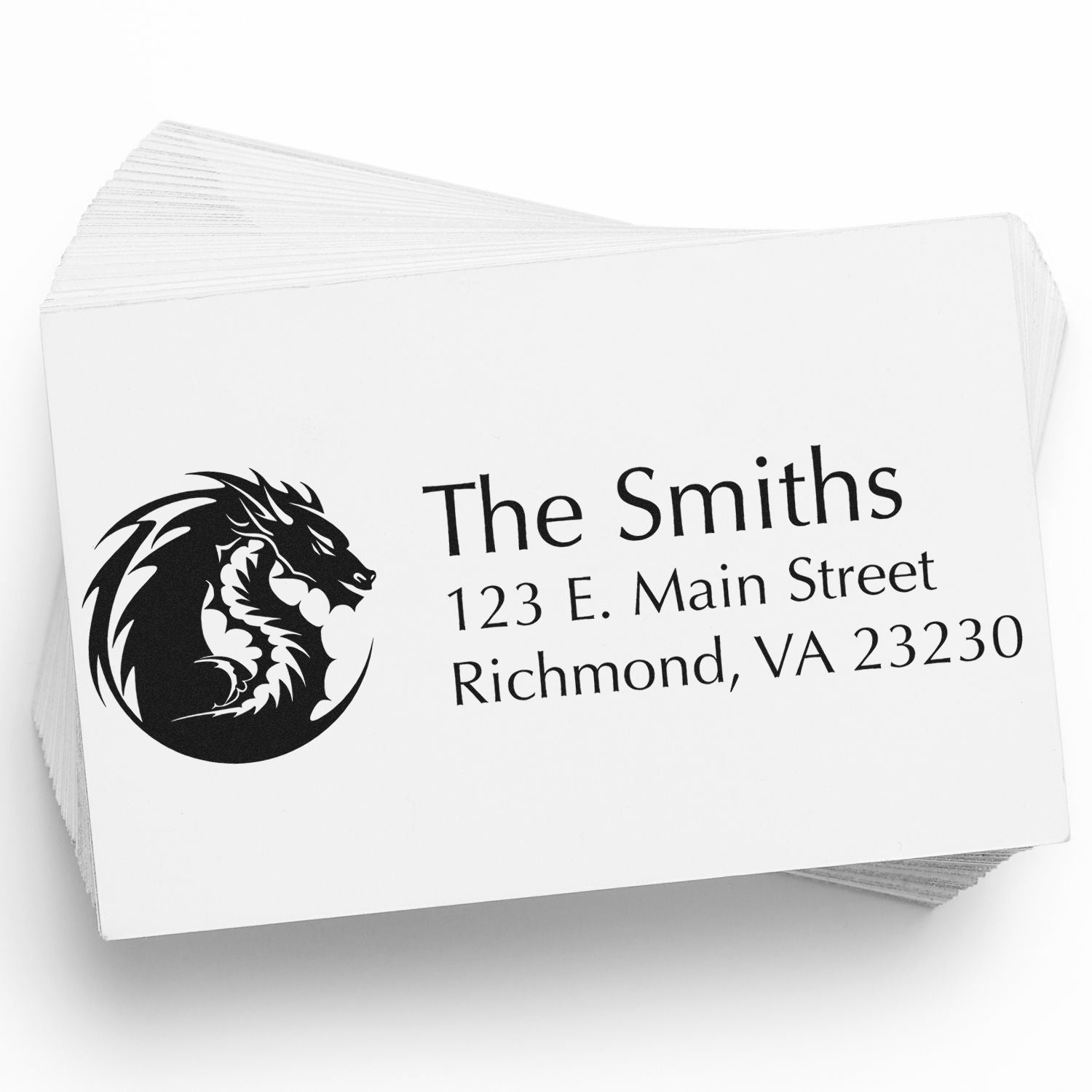 Personalized address rubber stamp with dragon logo for The Smiths, Richmond, VA 23230