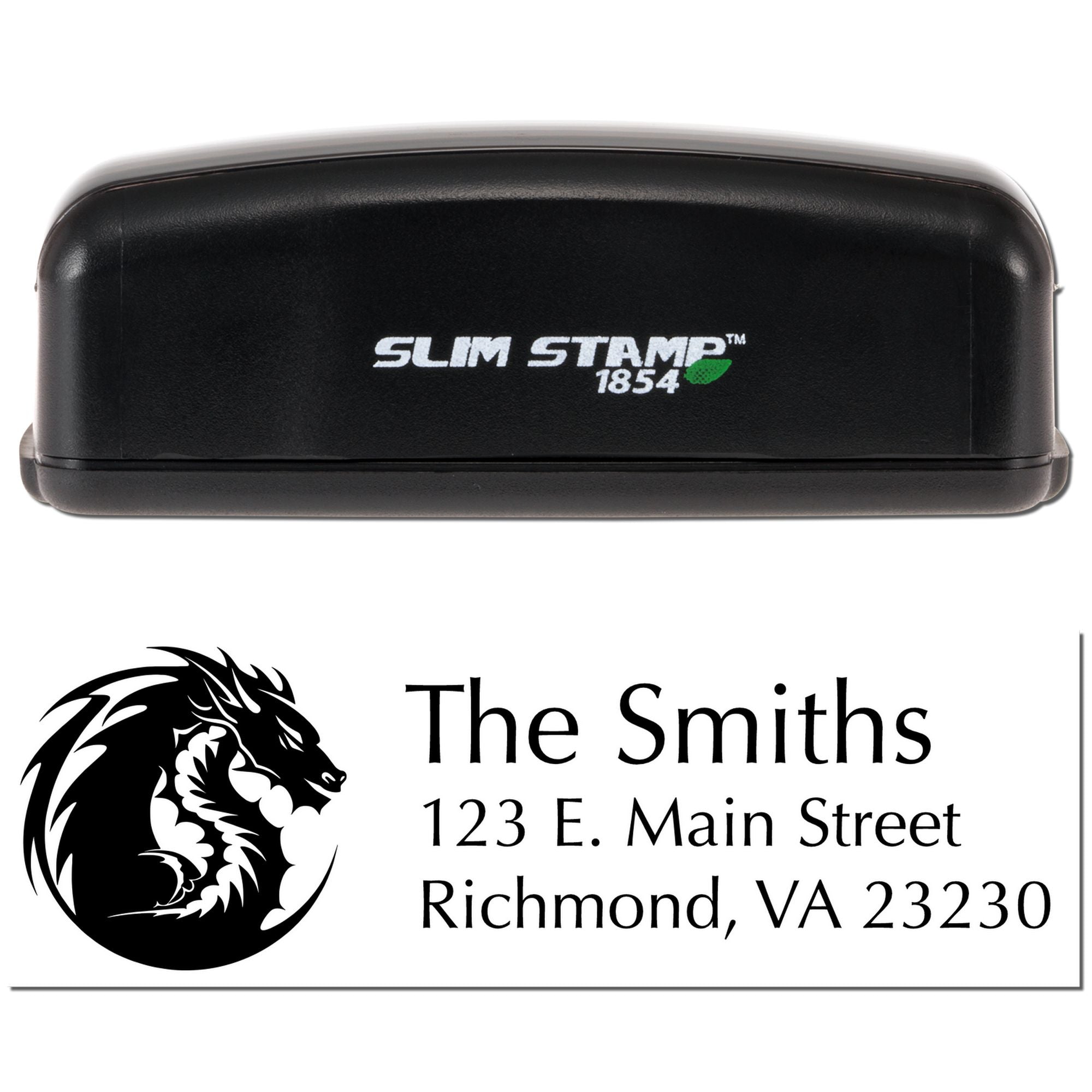 Custom self-inking rubber stamp with lion logo, name, and address imprint for business mailings and branding.
