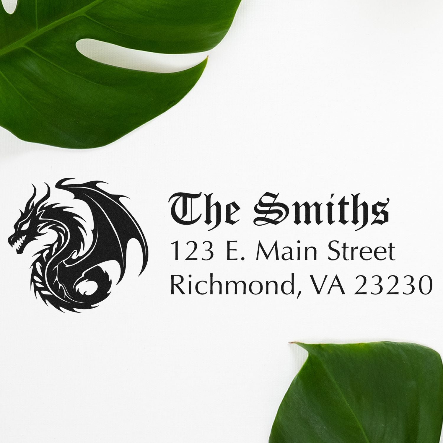 Personalized rubber stamp with dragon logo and The Smiths return address, Richmond, VA.