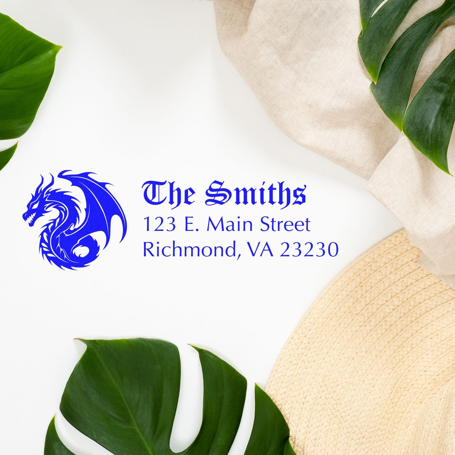 Custom personalized rubber stamp with dragon logo and return address for The Smiths, Richmond, VA 23230.