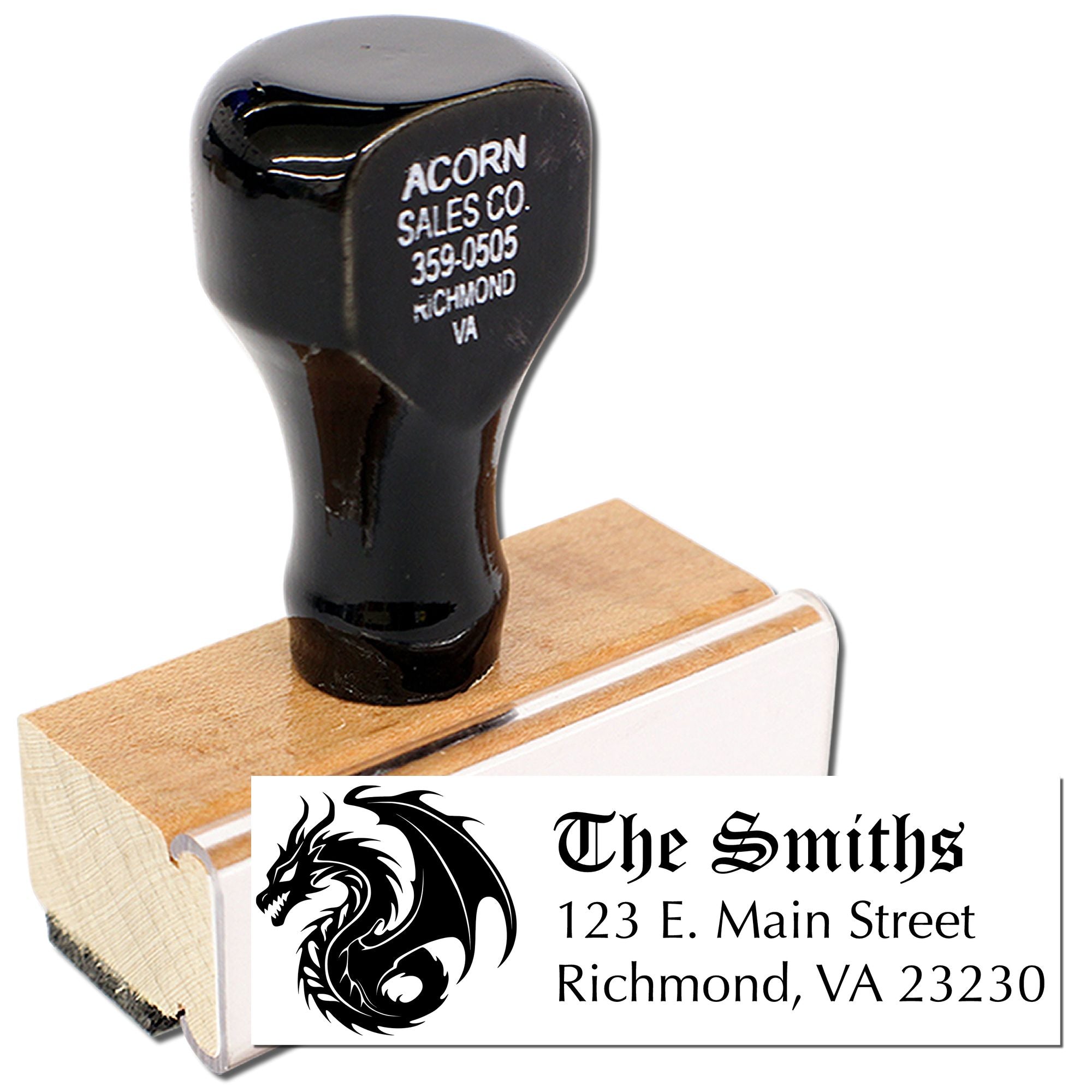 Custom business rubber stamp with dragon logo, The Smiths name, and Richmond, VA address.