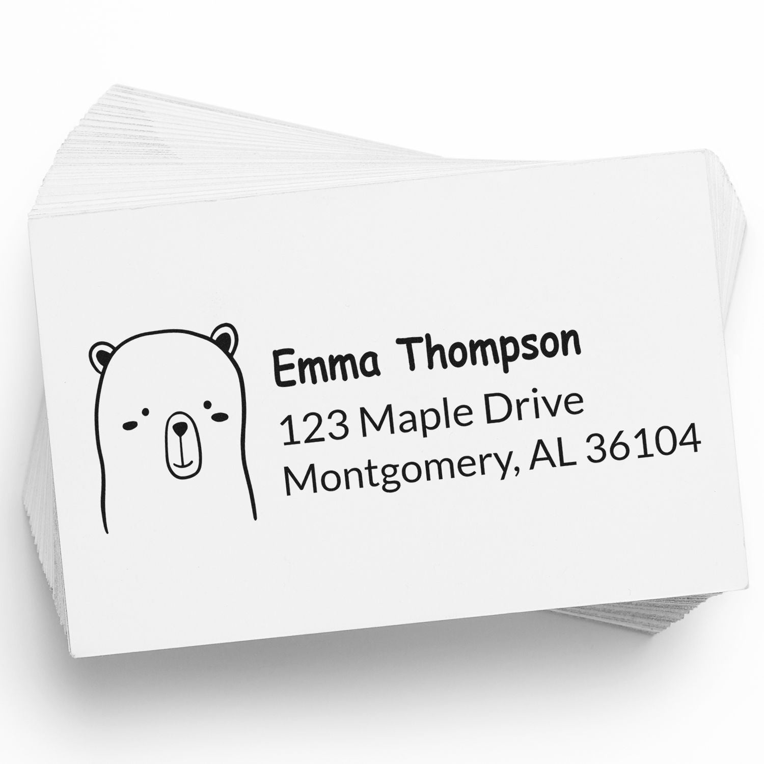Custom address rubber stamp with bear design for Emma Thompson, 123 Maple Drive, Montgomery, AL 36104.