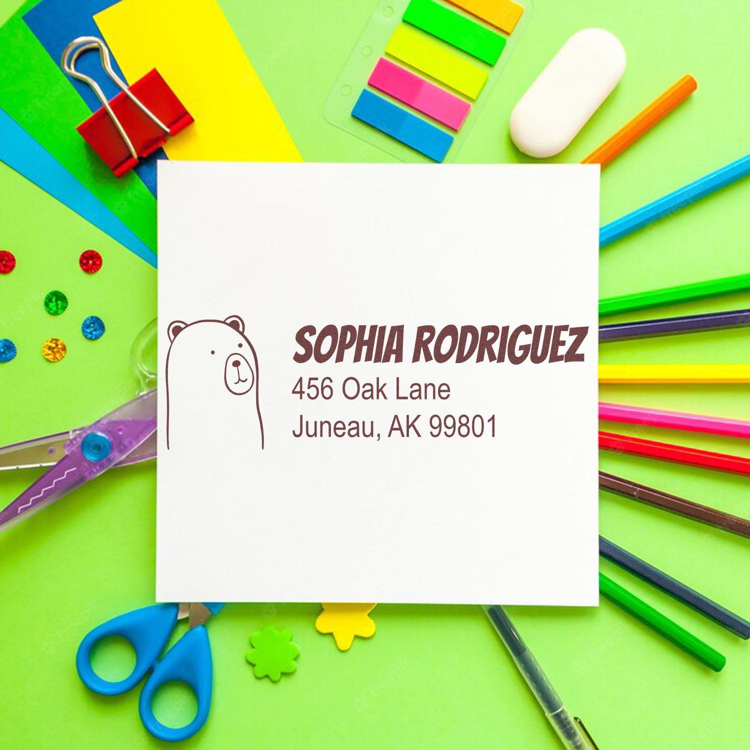 Custom bear address rubber stamp for stationery, featuring Sophia Rodriguez, 456 Oak Lane, Juneau, AK 99801.