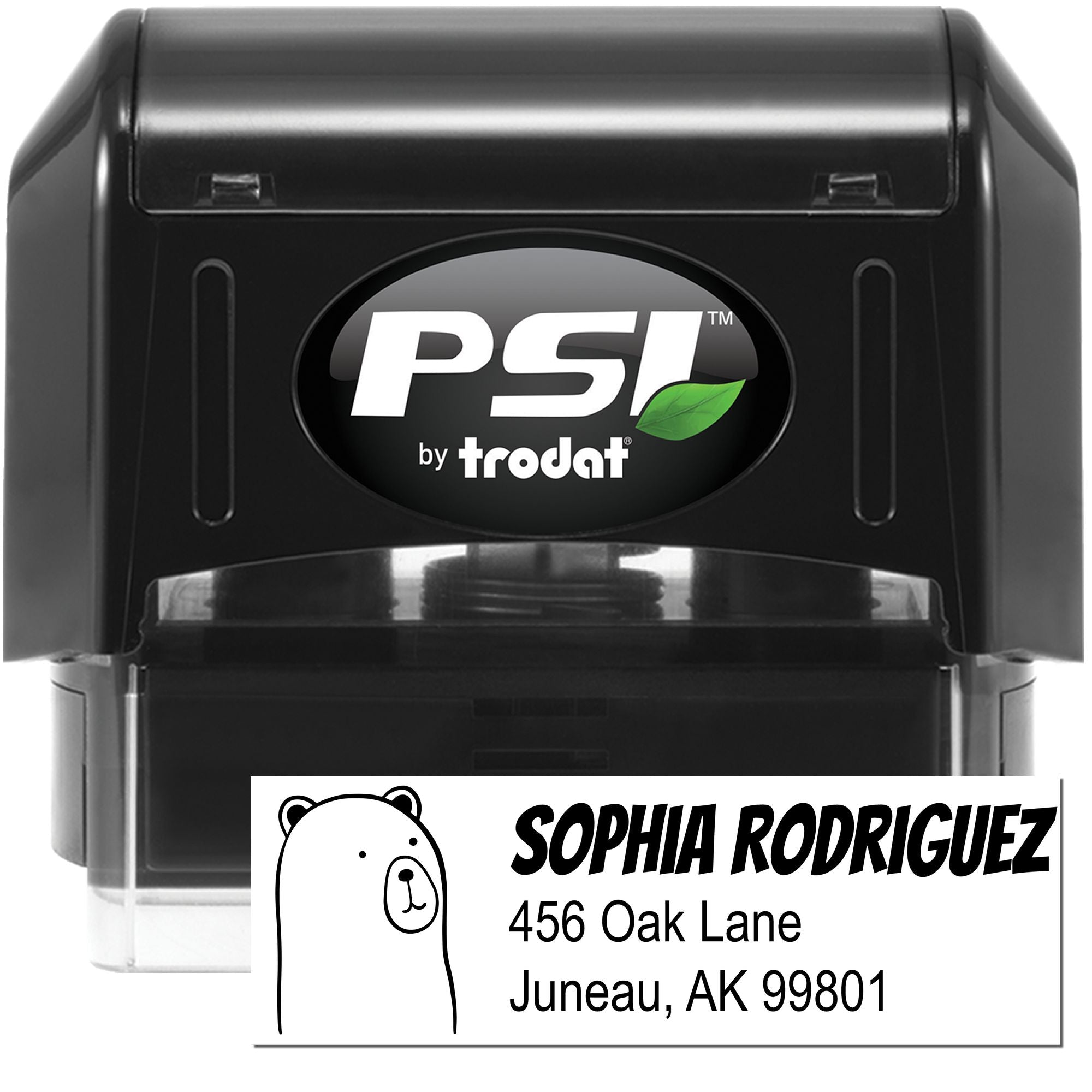 Custom self-inking address stamp by PSI Trodat with bear design, showing Sophia Rodriguez, 456 Oak Lane, Juneau, AK 99801.