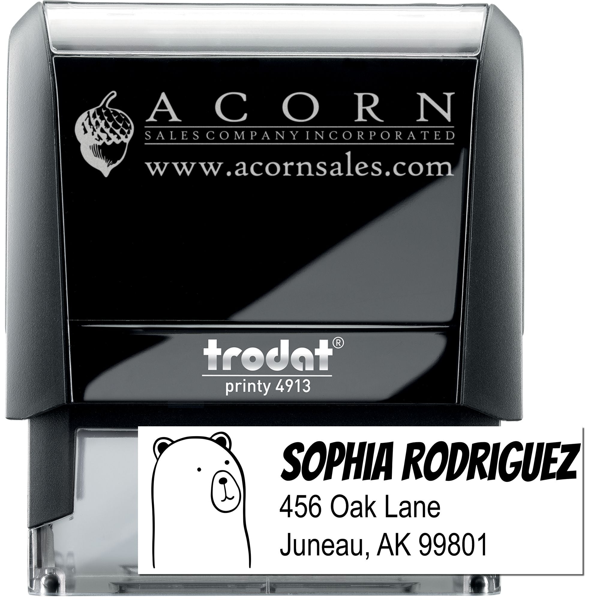 Custom Trodat Printy 4913 self-inking rubber stamp with logo, name, and address for business mailing and branding.