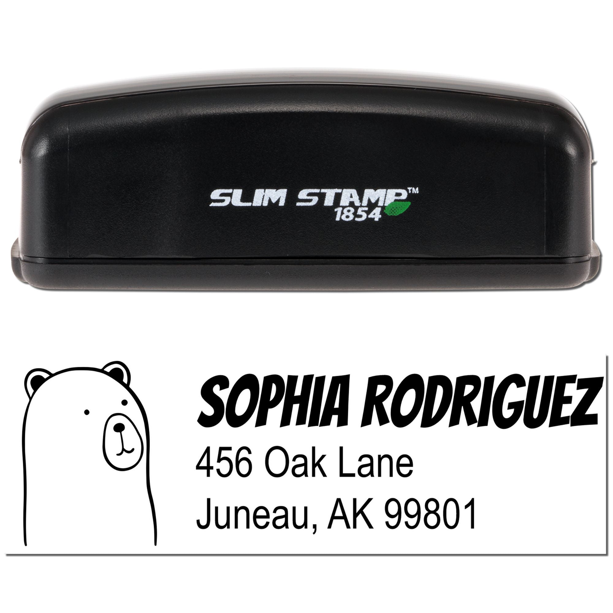 Custom self-inking address rubber stamp with bear icon, showing Sophia Rodriguez, 456 Oak Lane, Juneau, AK 99801.