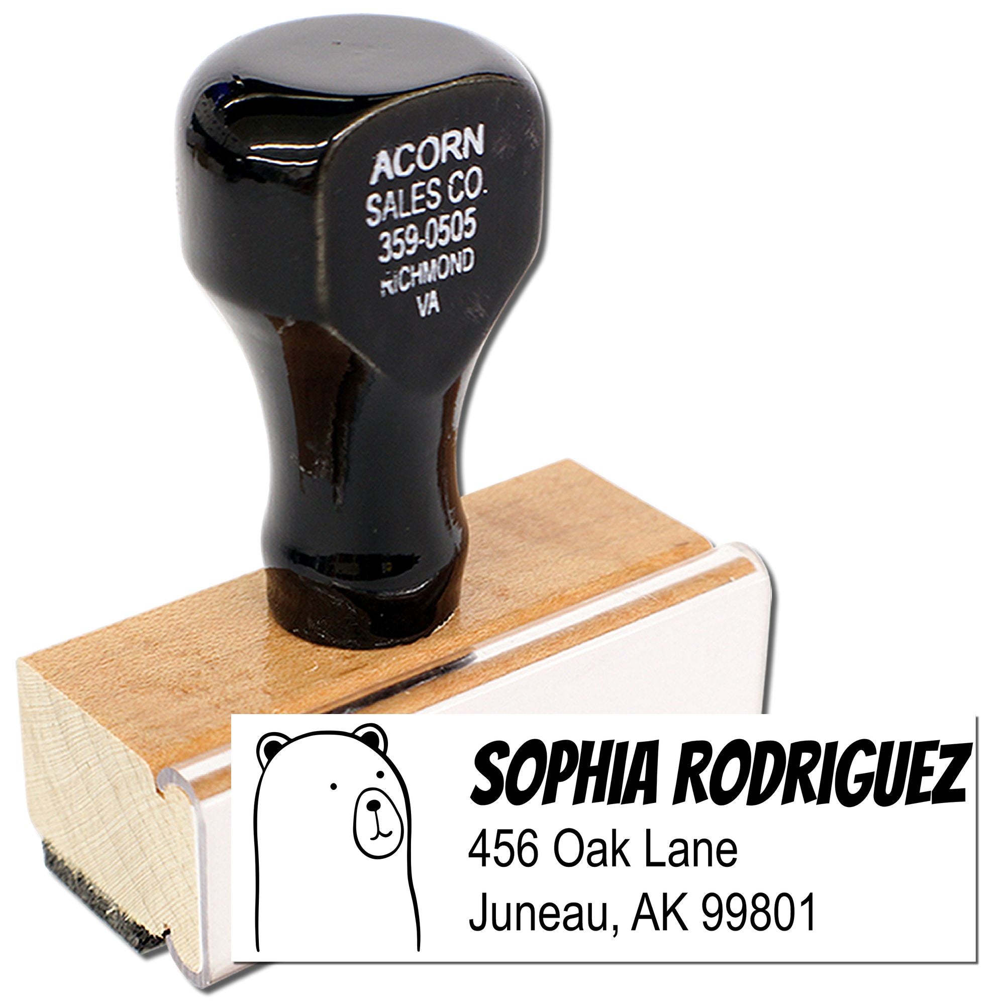 Custom rubber address stamp with bear design, featuring Sophia Rodriguez name and Juneau, AK mailing address.