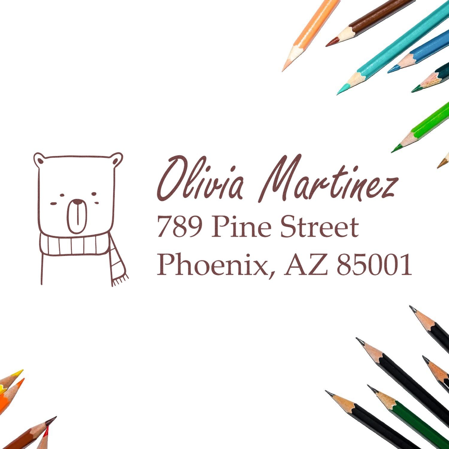 Custom return address rubber stamp with bear design for Olivia Martinez, Phoenix AZ, perfect for school-themed stationery.