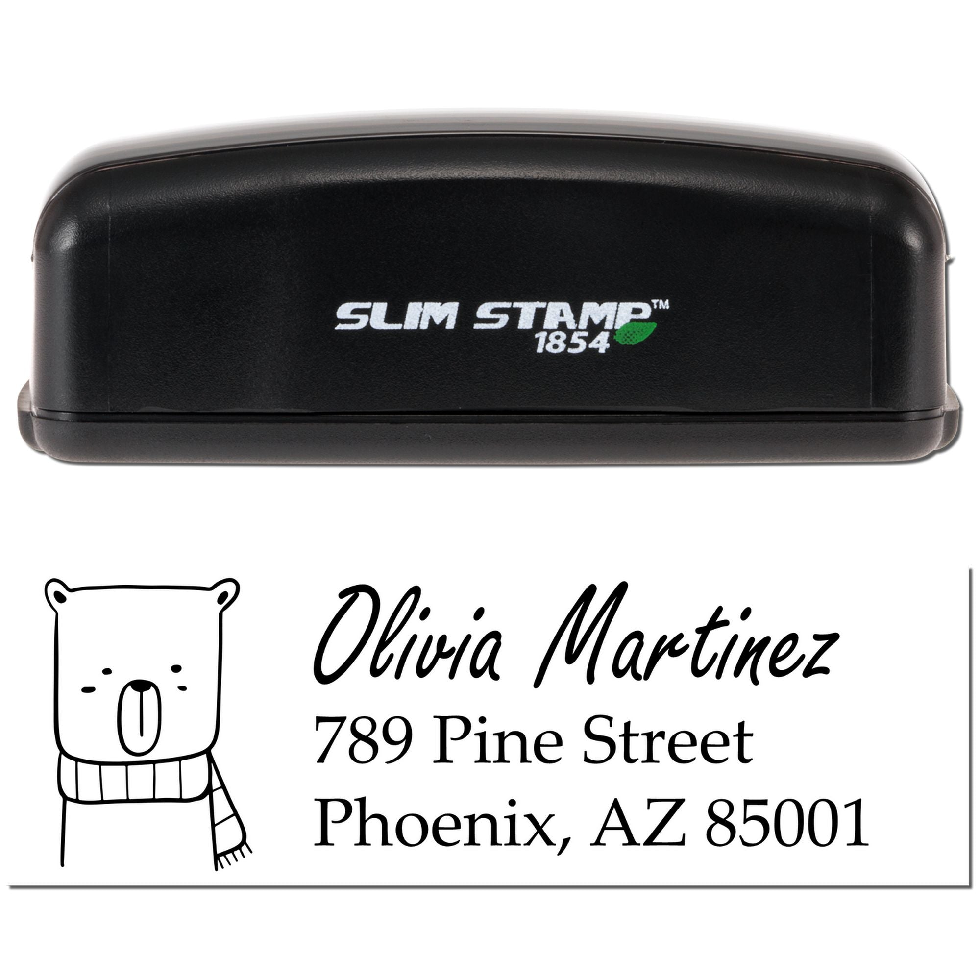 Slim Stamp 1854 self-inking personalized return address rubber stamp with bear icon for Olivia Martinez, Phoenix, AZ.