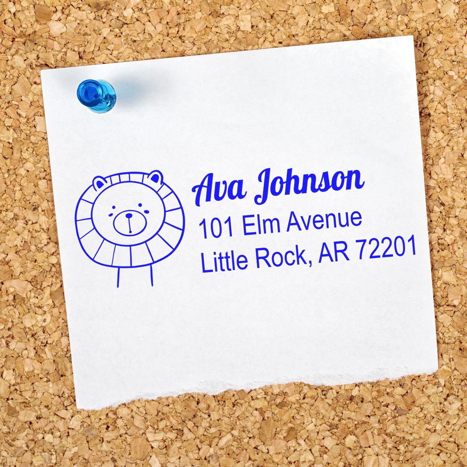 Custom rubber address stamp with lion logo, Ava Johnson name, and Little Rock, AR 72201 mailing details.