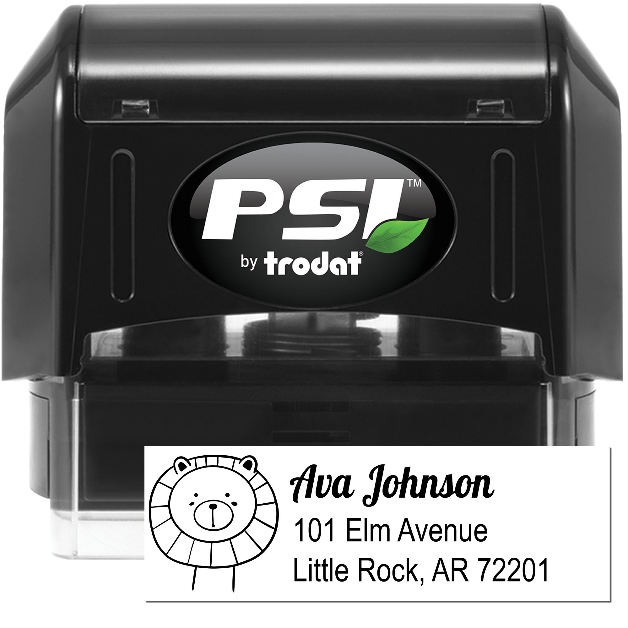 PSI by Trodat self-inking personalized address rubber stamp with bear logo and Ava Johnson mailing address.