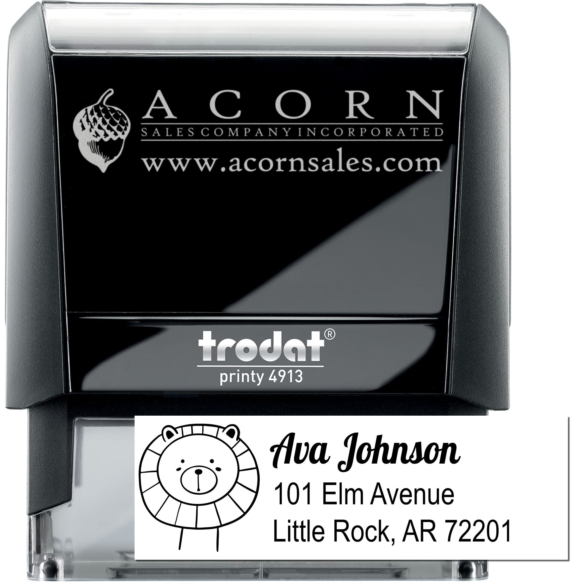 Trodat Printy 4913 self-inking rubber stamp with custom logo and address example for business branding