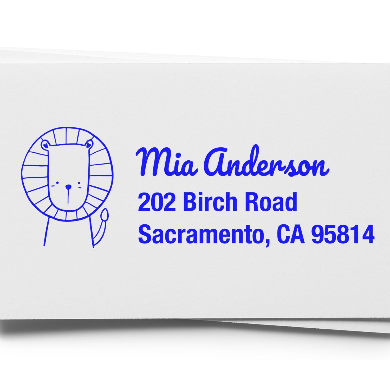 Custom lion return address rubber stamp with Mia Anderson, 202 Birch Road, Sacramento, CA 95814.