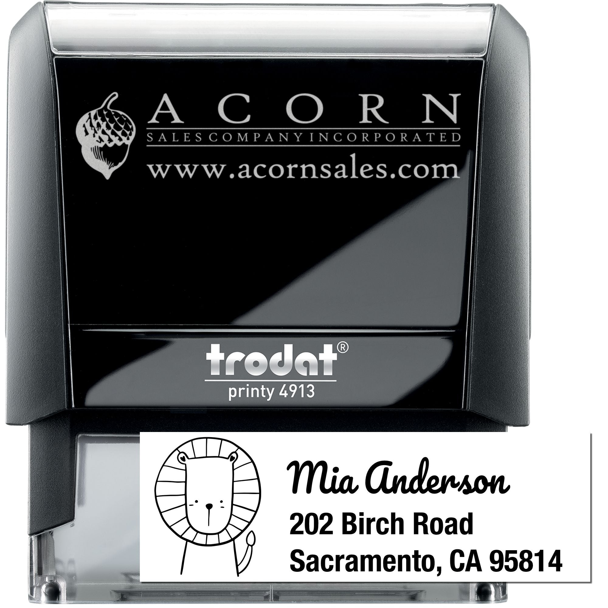 Self-inking custom rubber address stamp with logo, name and Sacramento address, Trodat Printy 4913 for business use