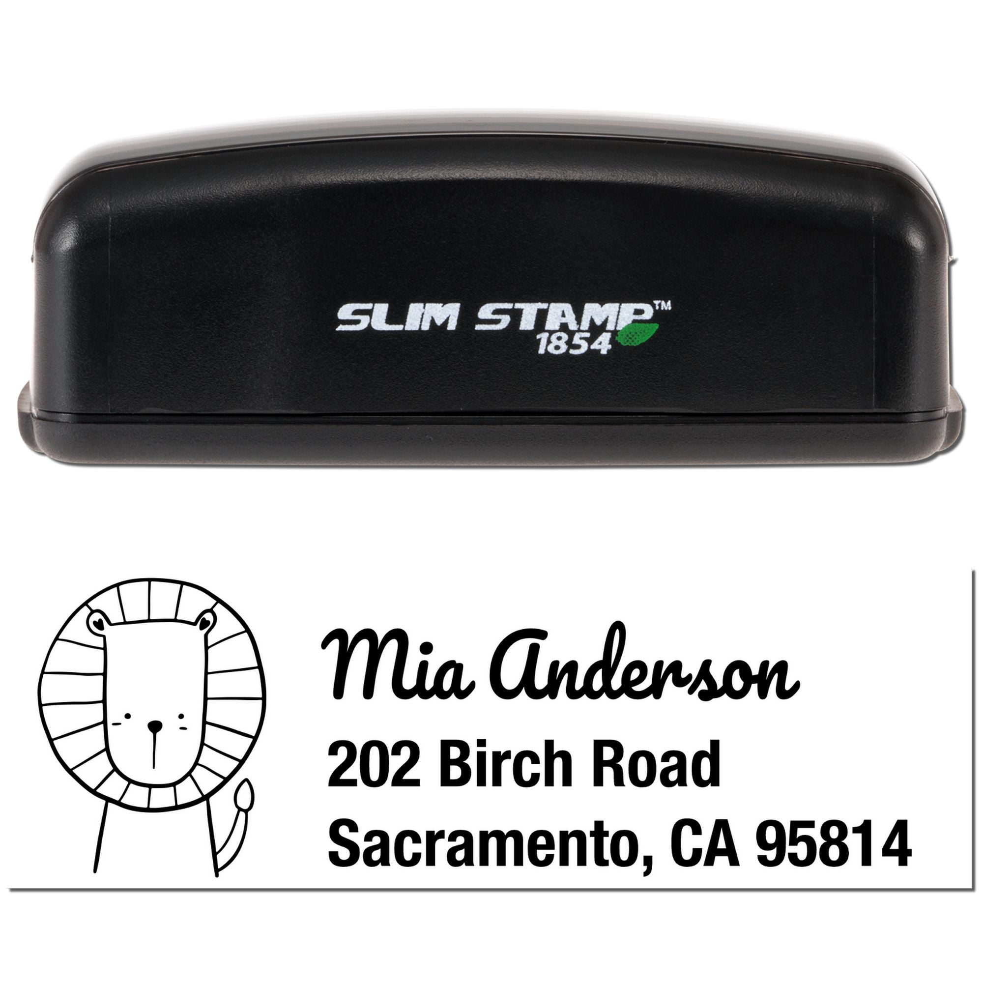 Custom Slim Stamp 1854 rubber stamp with lion design and return address for Mia Anderson, Sacramento, CA 95814.