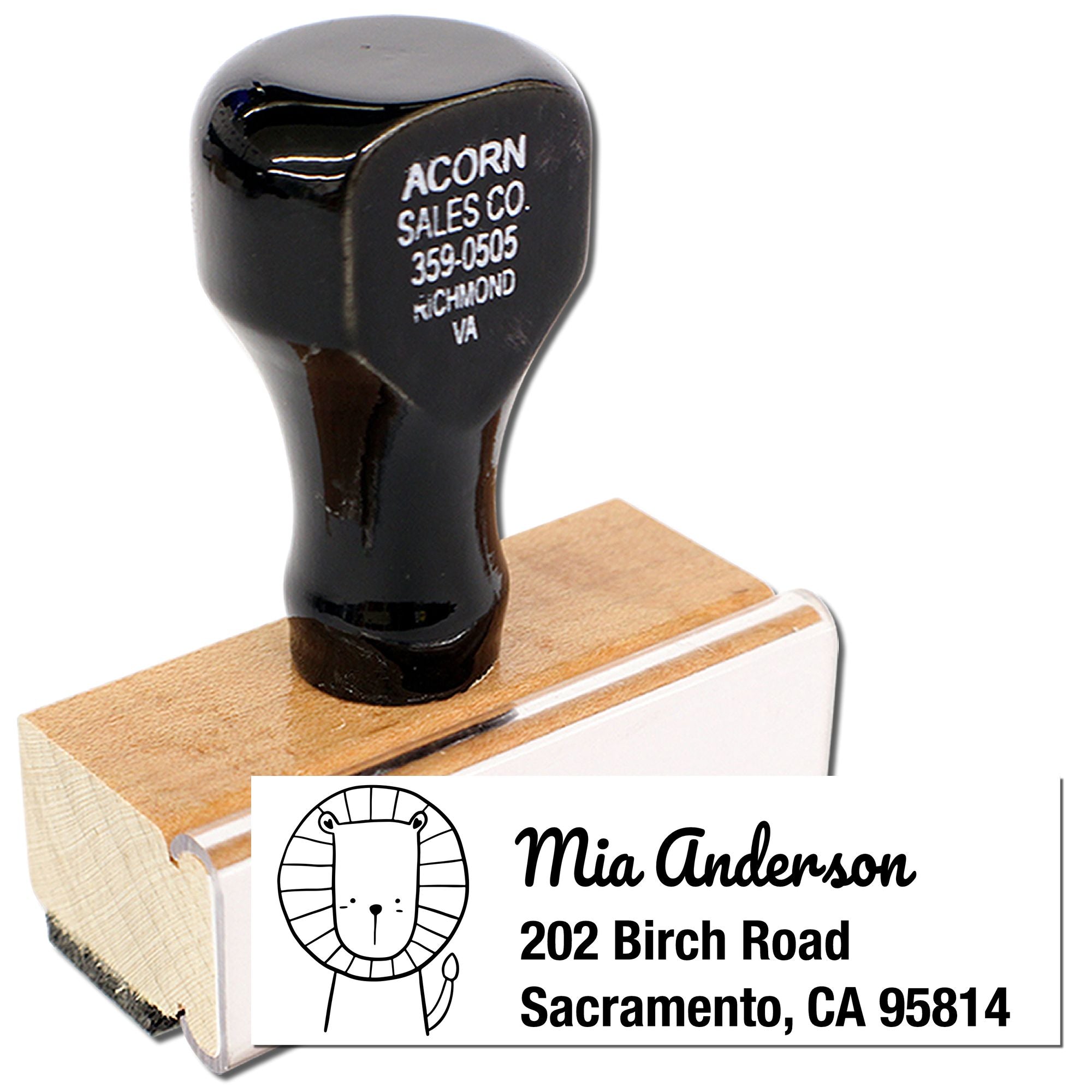 Custom return address rubber stamp with lion design, personalized name, and Sacramento mailing address.