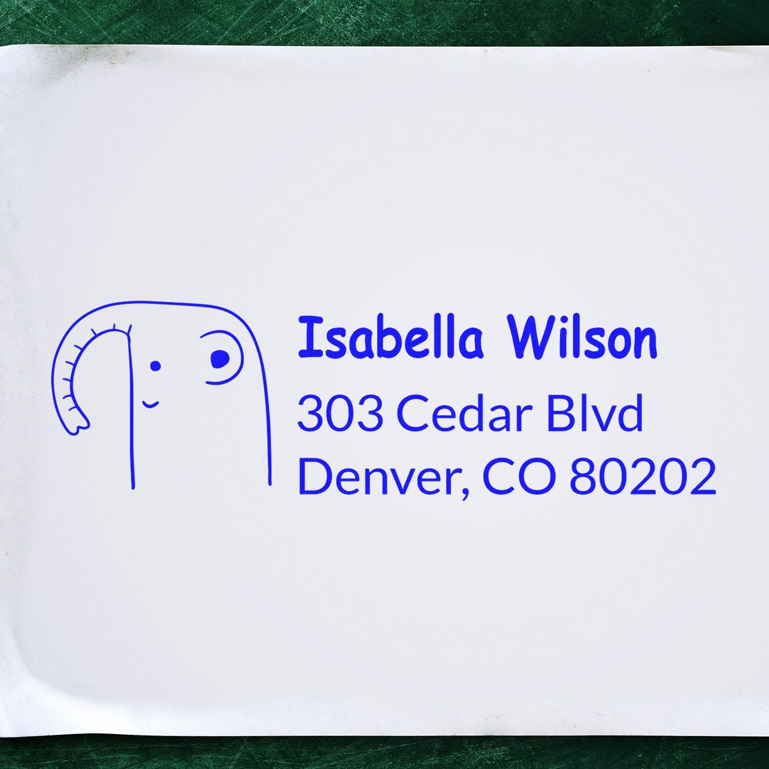 Custom rubber address stamp with elephant design for Isabella Wilson, 303 Cedar Blvd, Denver, CO 80202