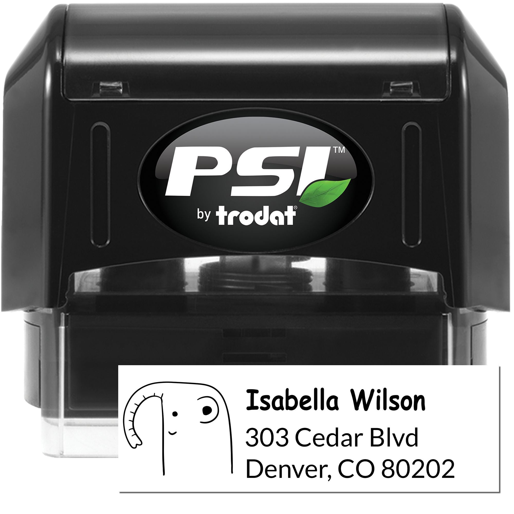 PSI by Trodat self-inking custom return address rubber stamp with personalized name and address imprint.