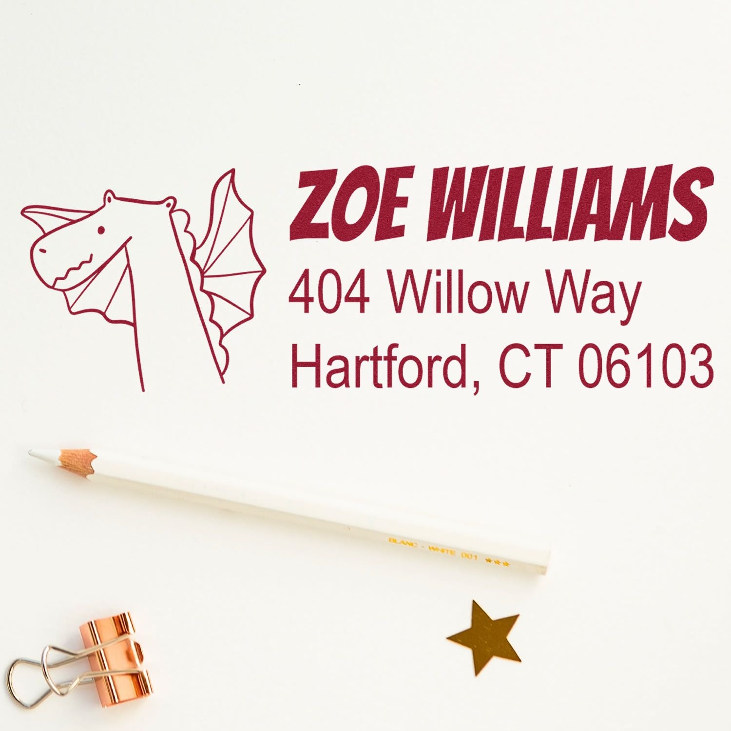 Custom rubber stamp with dragon logo and return address for Zoe Williams, 404 Willow Way, Hartford, CT 06103