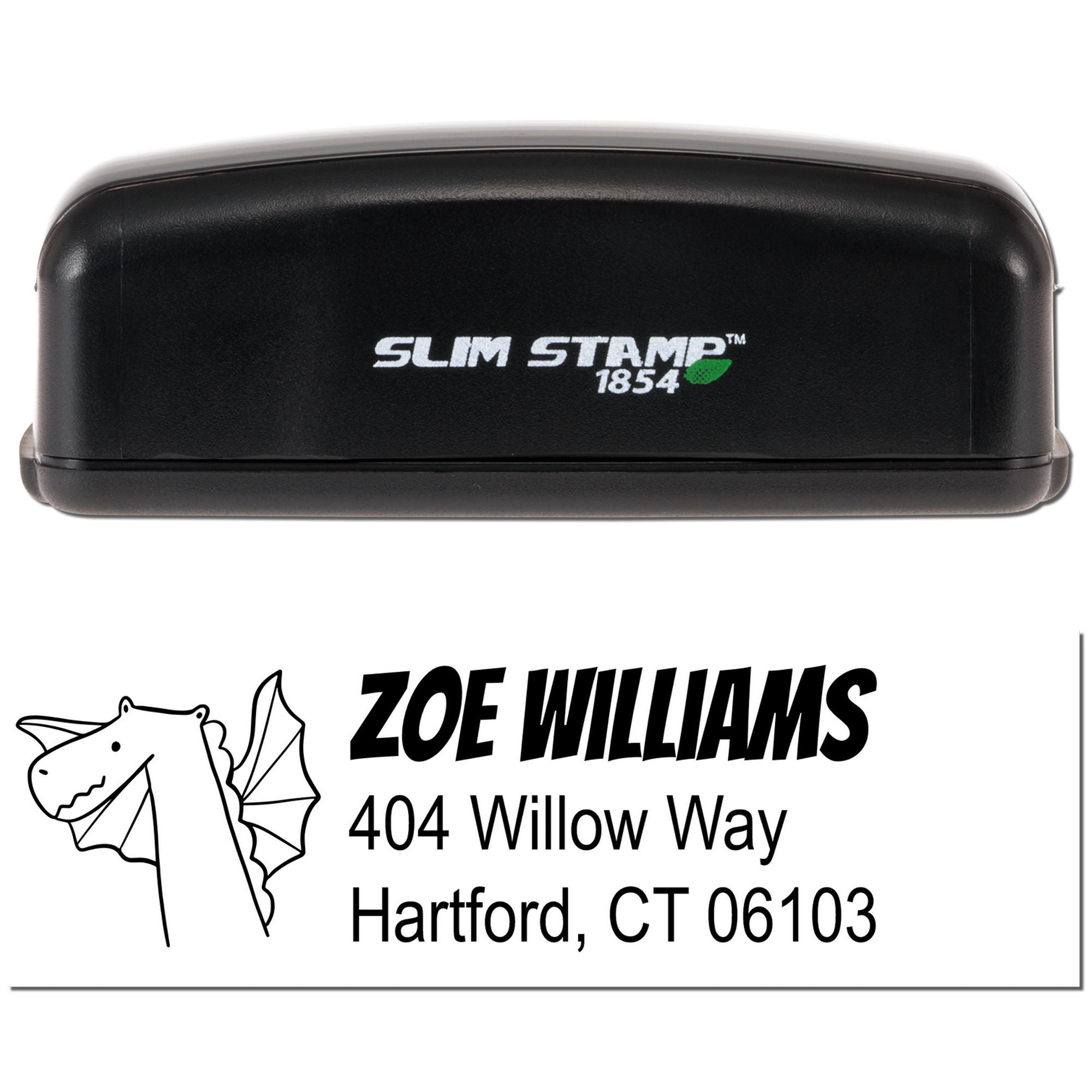 Custom self-inking rubber address stamp for Zoe Williams with dragon logo, Hartford, CT return address.