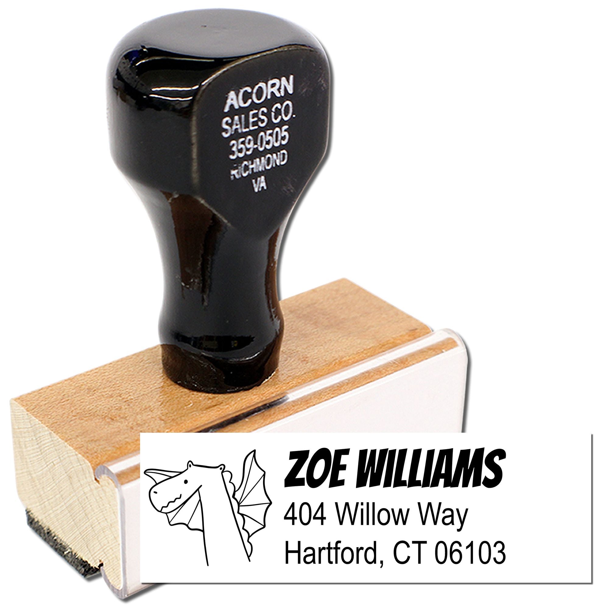 Custom rubber address stamp with dragon design for Zoe Williams, 404 Willow Way, Hartford, CT 06103.