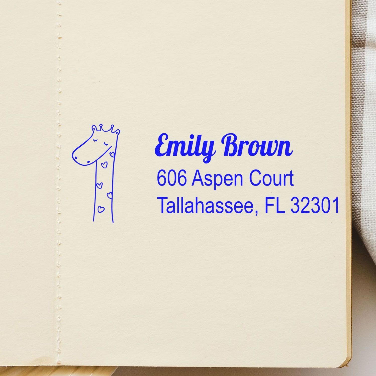 Custom giraffe address rubber stamp for Emily Brown, 606 Aspen Court, Tallahassee, FL 32301