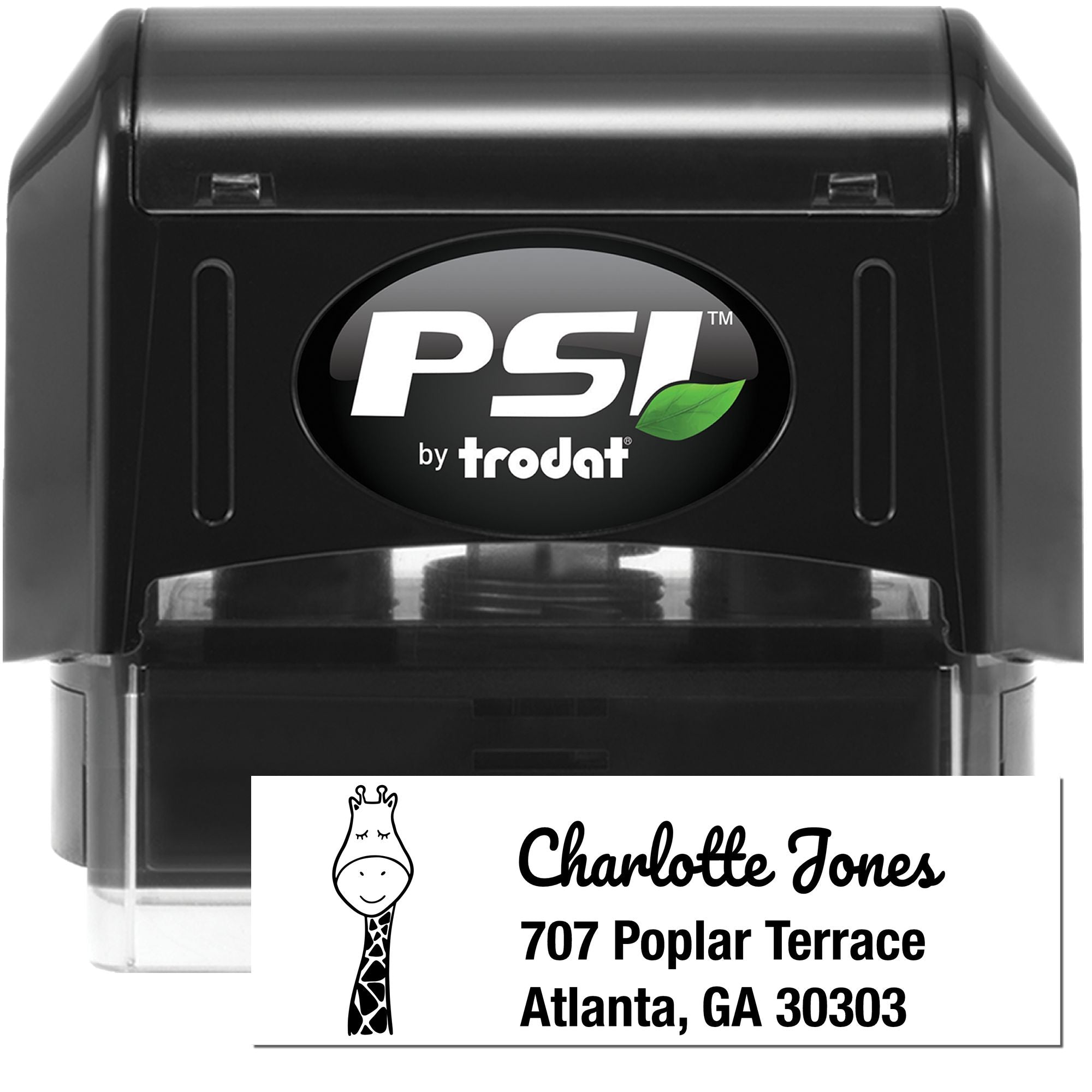 PSI by Trodat self-inking custom address rubber stamp with giraffe design for Charlotte Jones, Atlanta mailing labels.
