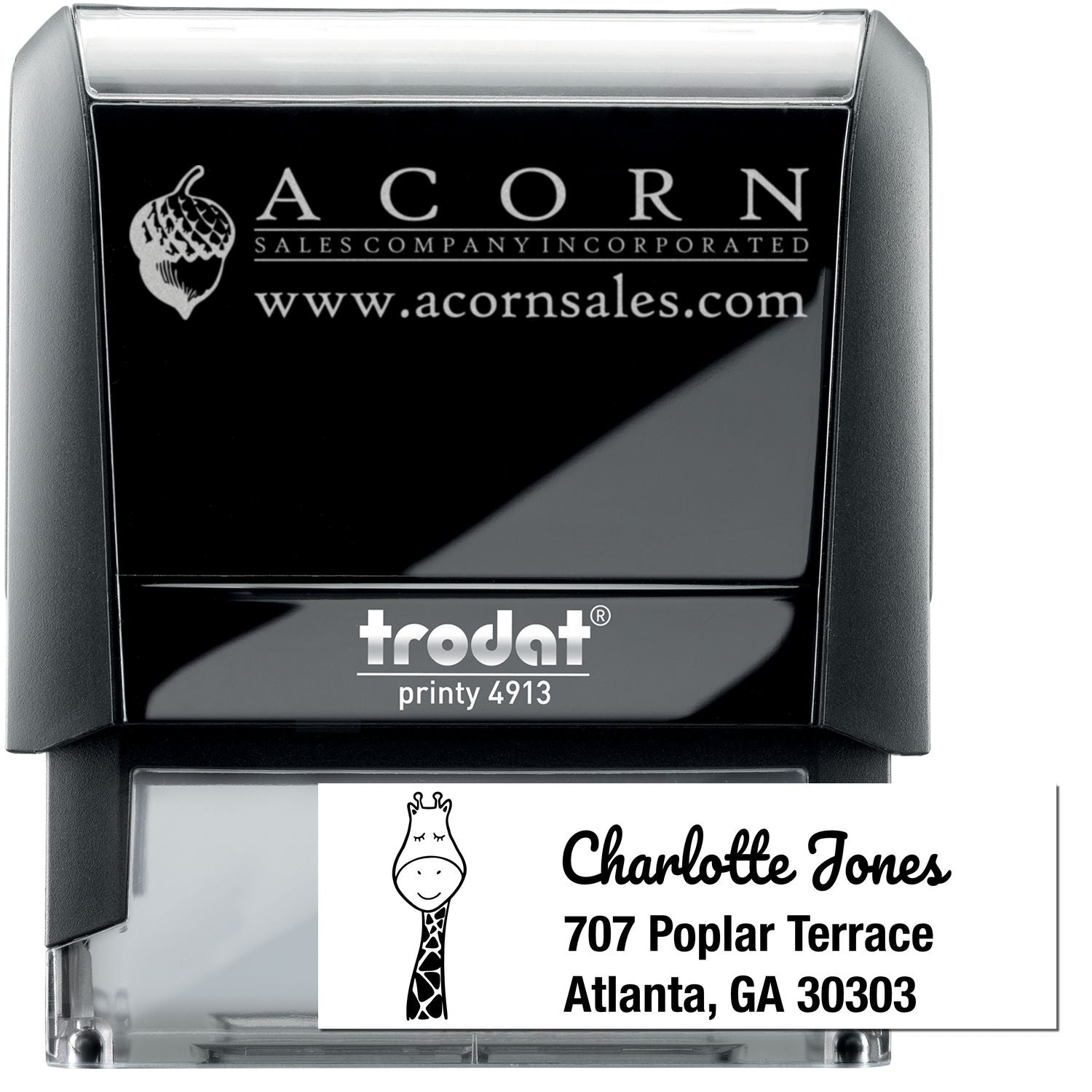 Custom self-inking rubber stamp for business logo and return-address printing, Trodat Printy 4913.