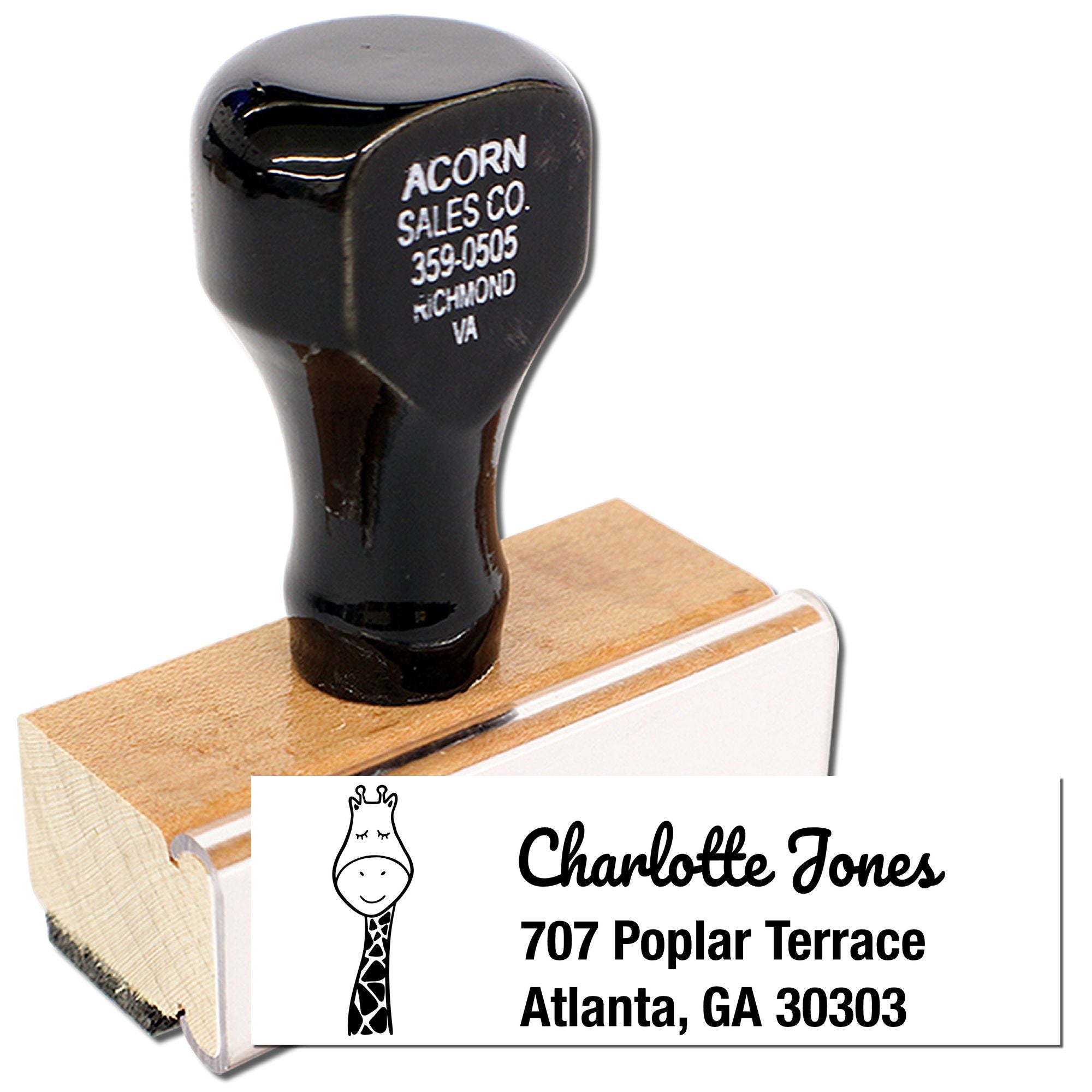 Custom rubber stamp with giraffe logo and return address imprint for Charlotte Jones, Atlanta, GA 30303