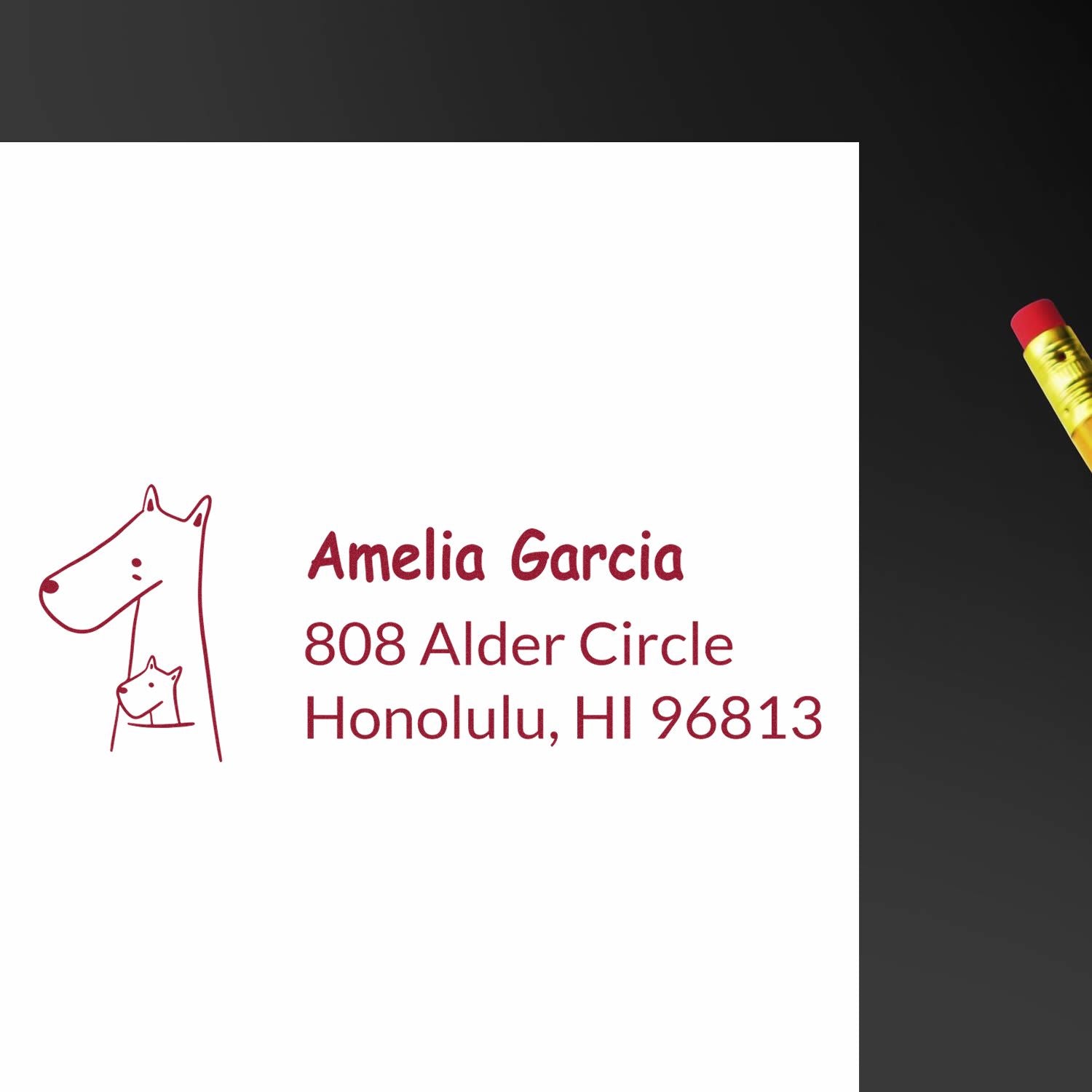 Custom rubber address stamp with dog and cat design for Amelia Garcia, Honolulu, HI 96813