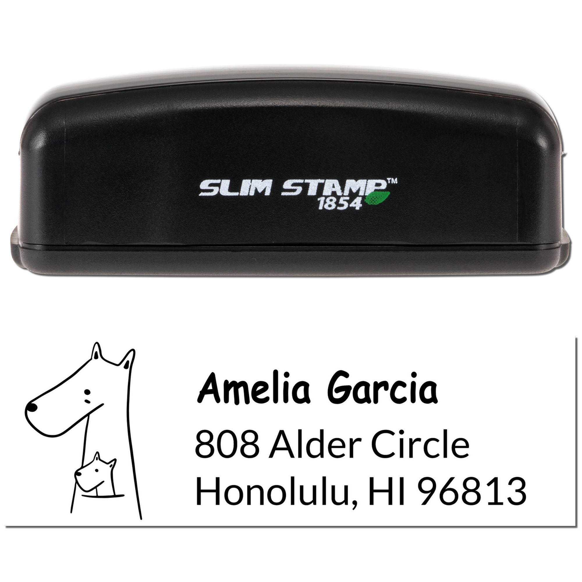Custom Slim Stamp 1854 rubber stamp with dog logo, personalized return address imprint for Amelia Garcia, Honolulu, HI.