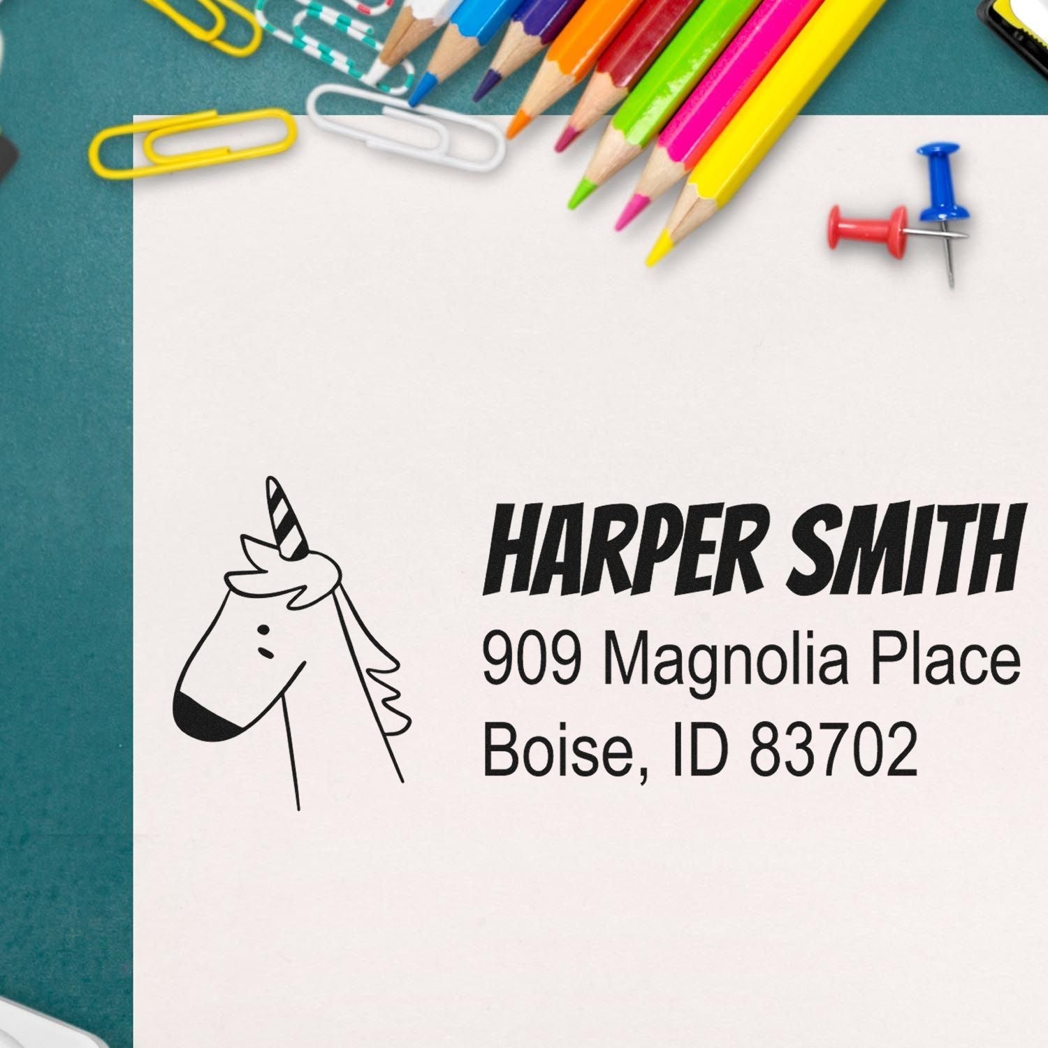 Custom unicorn return address rubber stamp for Harper Smith, 909 Magnolia Place, Boise, ID 83702.