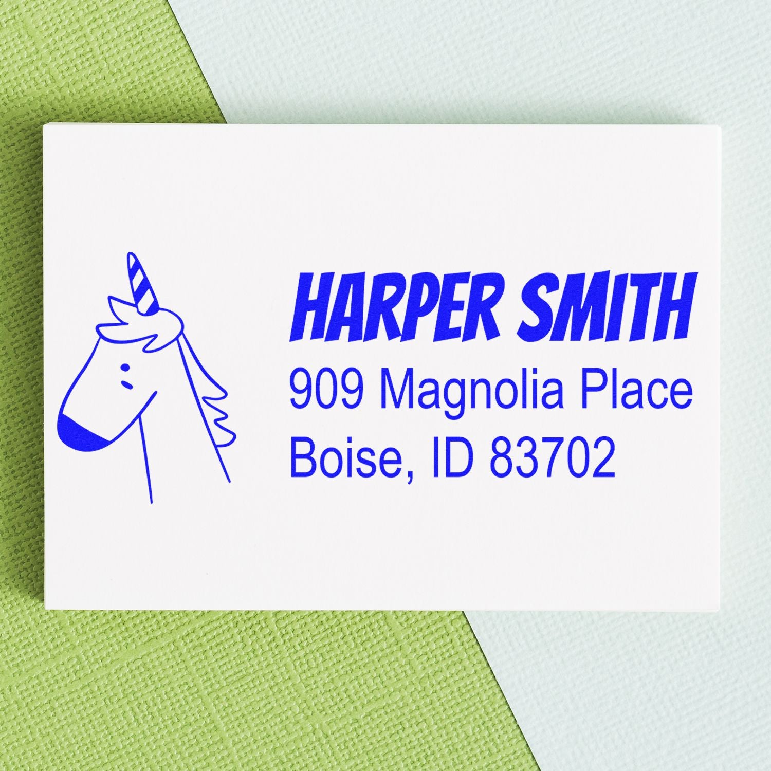 Custom unicorn address rubber stamp for Harper Smith, 909 Magnolia Place, Boise, ID 83702