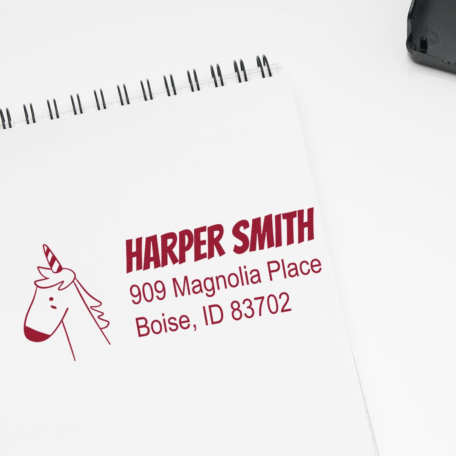 Custom rubber stamp for Harper Smith return address, featuring a unicorn icon and Boise, ID 83702 address.