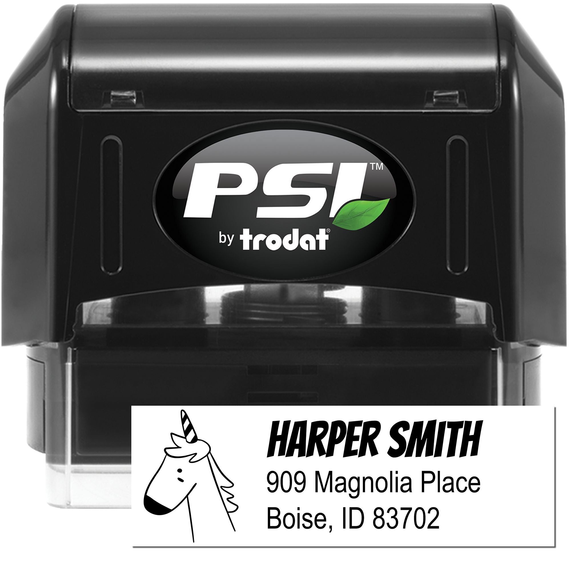 PSI by Trodat self-inking custom address rubber stamp with unicorn design for Harper Smith mailing labels.