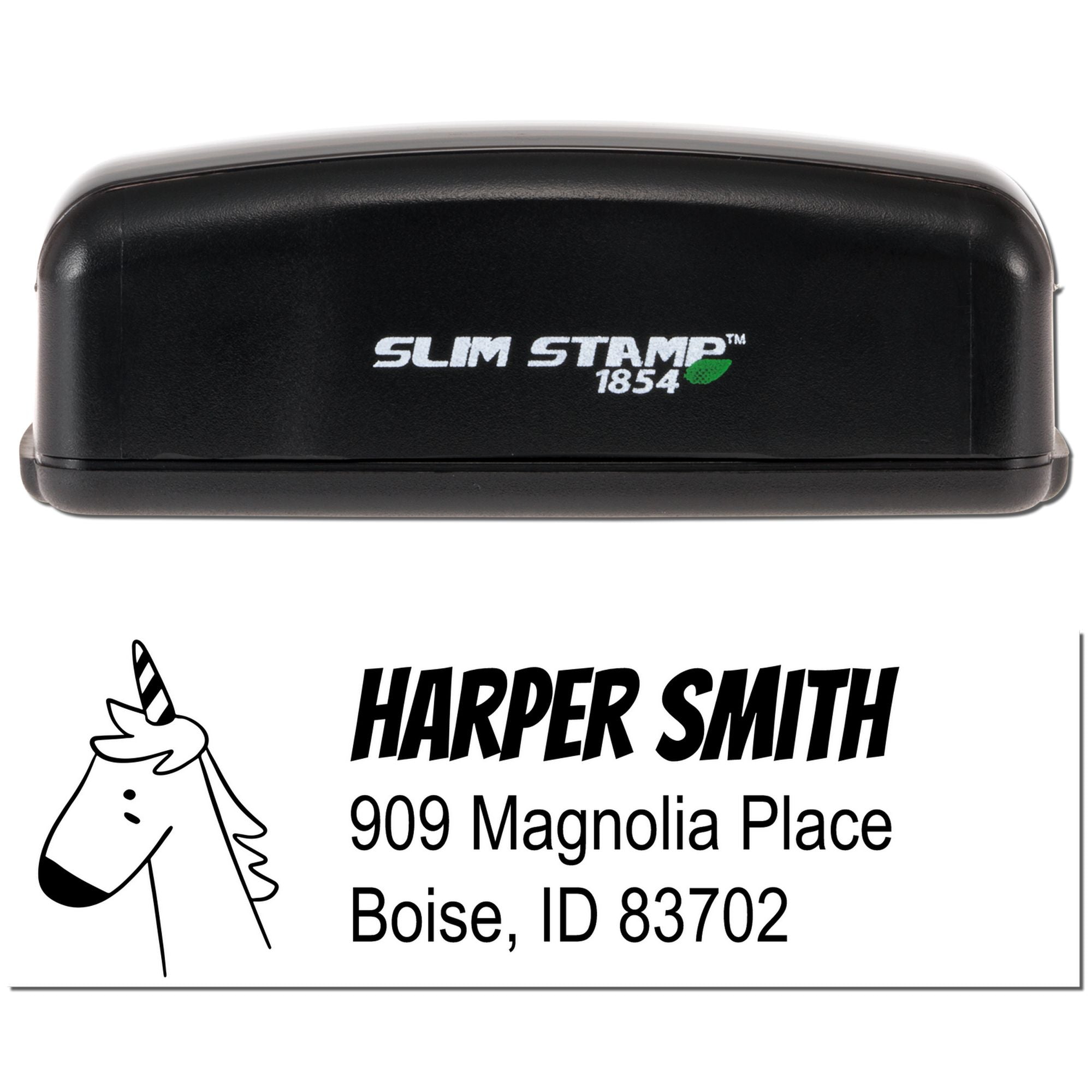 Custom self-inking address rubber stamp with unicorn design for Harper Smith, Boise, ID 83702.