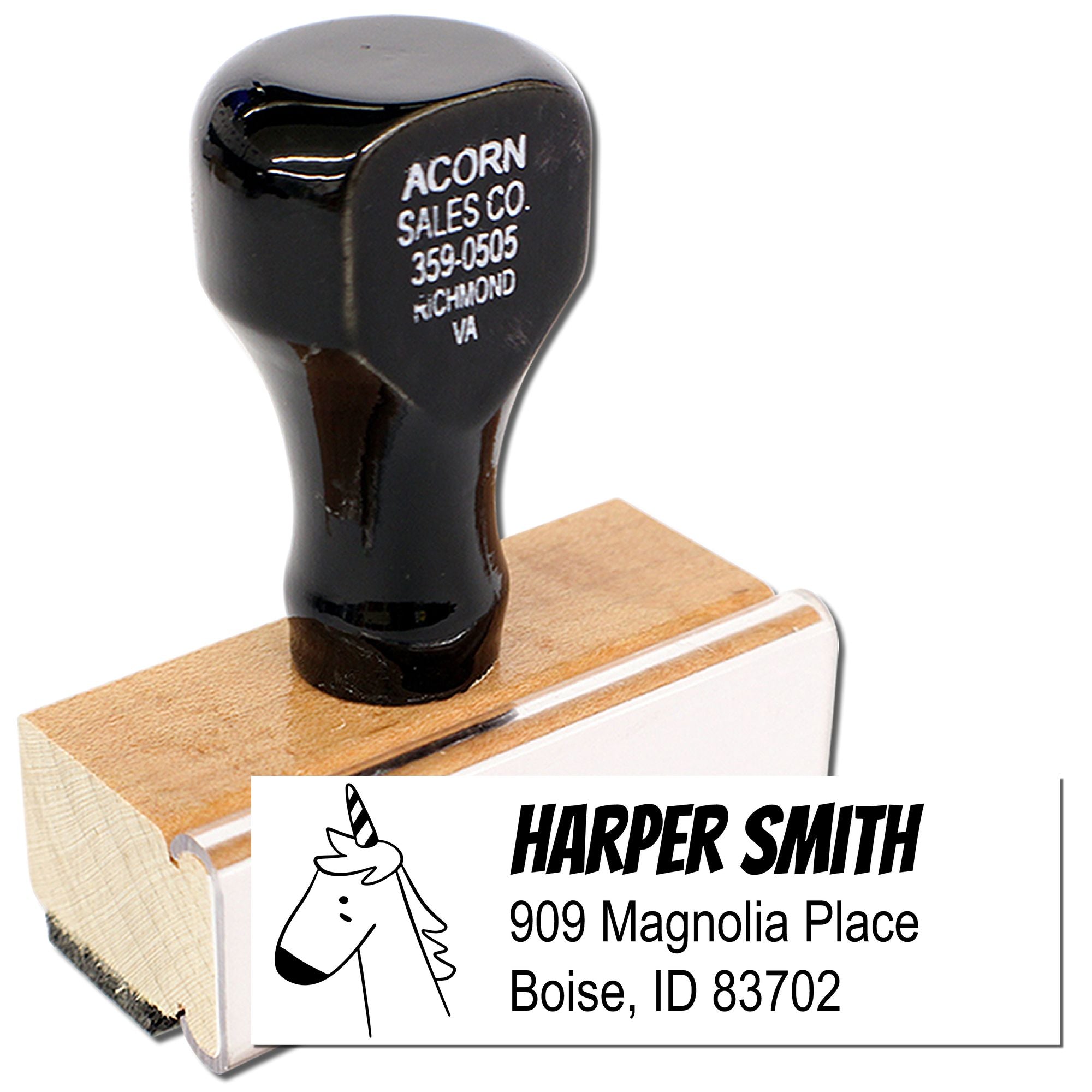 Personalized custom rubber address stamp with unicorn design for Harper Smith return address, Boise, ID