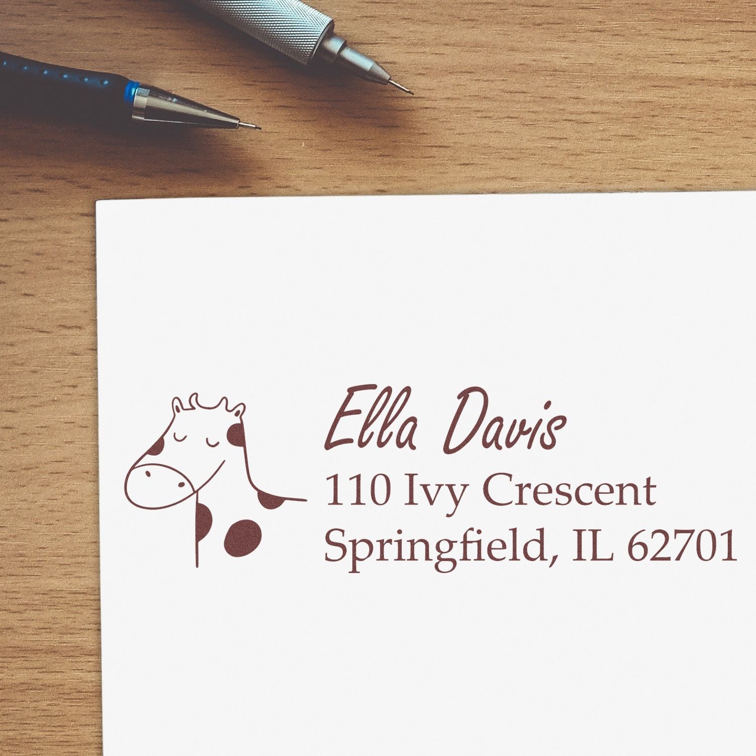 Custom address rubber stamp with giraffe design and personalized return address for envelopes.