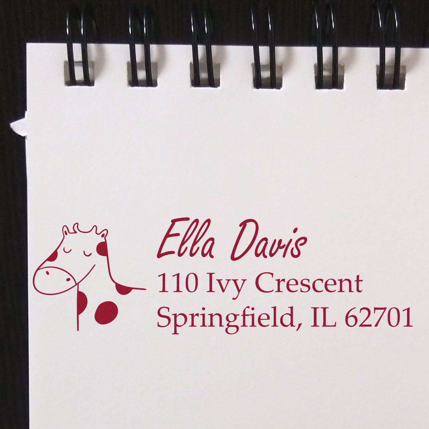 Personalized rubber stamp with giraffe design and return address for Ella Davis, Springfield, IL.