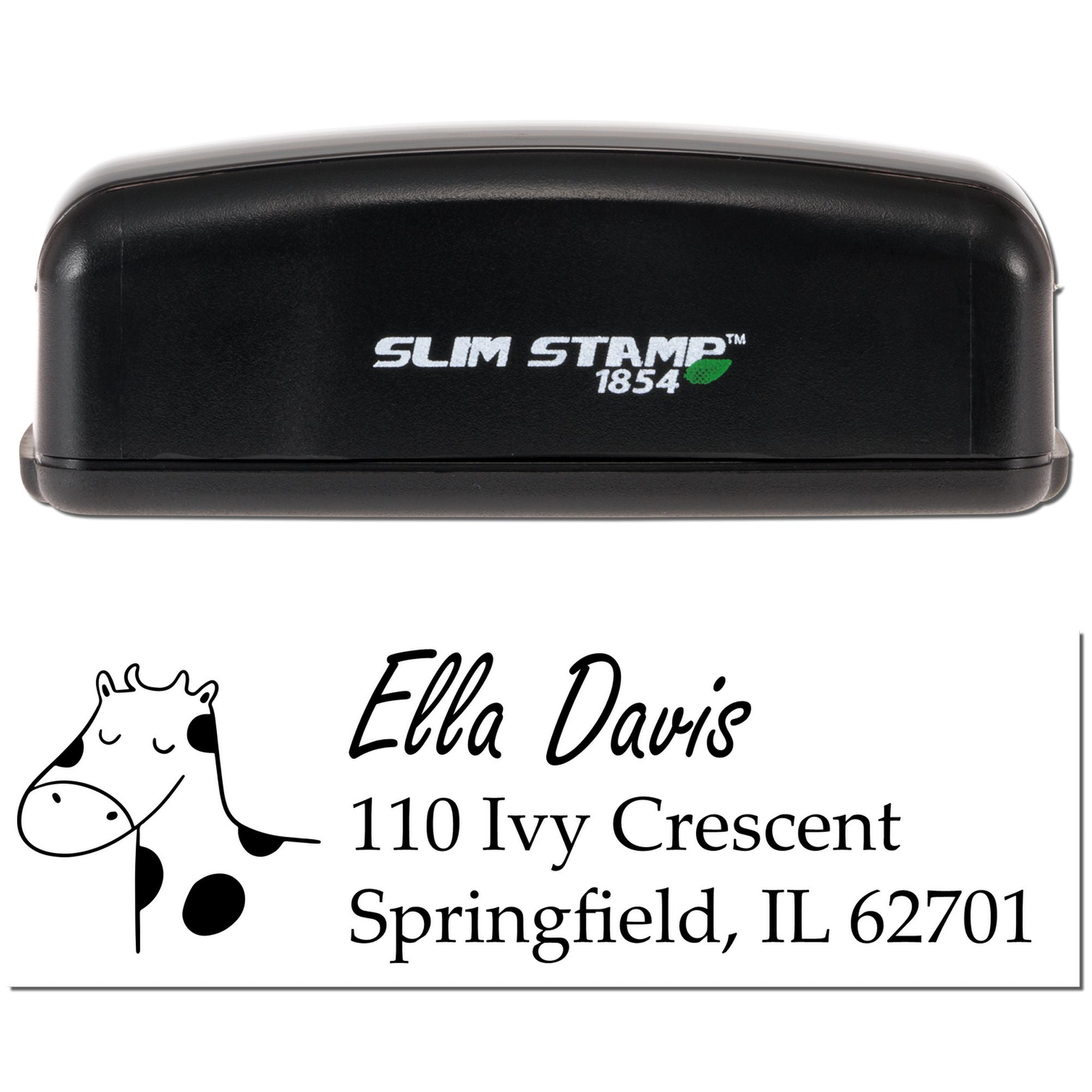 Custom self-inking address rubber stamp with cow design for Ella Davis, Springfield IL  Slim Stamp 1854.